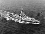 USS Nevada underway off the US Atlantic coast while en route from New York, New York, United States to Norfolk, Virginia, United States, 17 Sep 1944; photograph taken from a blimp of squadron ZP-12