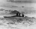 New Mexico anchored in the Tokyo Bay area with Mount Fuji in background, circa late Aug 1945