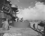Side view of a twin 40mm Bofors mount aboard USS North Carolina while the ship was at Pearl Harbor Navy Yard, US Territory of Hawaii, 15 Nov 1942