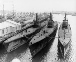 USS Dentuda, USS Searaven, and USS Tuna in foreground, with USS Parche, USS Bluegill, and USS Hackleback also present, at Mare Island Naval Shipyard, Vallejo, California, United States, 17 Oct 1946