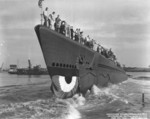 Launching ceremony of submarine Parche, Portsmouth Naval Shipyard, Kittery, Maine, United States, 24 Jul 1943