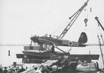US-captured German Ar 196A-5 seaplane being launched from a catapult removed from cruiser Prinz Eugen, Naval Air Materiel Center, Philadelphia, Pennsylvania, United States, 1947