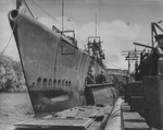 A submarine, possibly the future USS Puffer, under construction at Manitowoc, Wisconsin, United States, Aug 1942