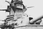 Close-up view of turret No. 2 and bridge of Richelieu, probably at New York City, New York, United States, early 1943; note damaged gun barrel