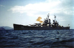 USS Saint Paul bombarding communist positions near Wonsan, Kangwon Province, Korea, 20 Apr 1951