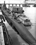 Sargo at Mare Island Navy Yard, 28 Apr 1943, white outline indicate recent alterations, photo 2 of 2