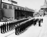Crew of USS Segundo being inspected during change of command ceremony, Mare Island Naval Shipyard, California, United States, 6 Jul 1953
