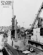 View of the conning tower of USS Barb, Mare Island Navy Yard, Vallejo, California, United States, 7 May 1945; note USS Sunfish in background