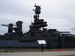 Starboard side of Texas, showing turrets 1 and 2, foremast, three of the six 5-in guns, and some of the anti-aircraft guns, Texas, United States, 2007