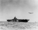 Ticonderoga in San Francisco Bay, California, United States, late 1945 or early 1946; note blimp in flight in background