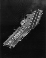 Crew of USS Ticonderoga spelling out SEAFAIR 62 on the flight deck, 29 Jul 1962