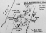 Hand-drawn post-raid map of Kaneka Soda Company chemical plant (mis-identified as a magnesium plant) by personnel of Air Group 80 aboard USS Ticonderoga, 15 Jan 1945 or later; the facilities were located in Anpin District, Tainan, Taiwan