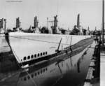 American submarine USS Icefish as a member of the Reserve Fleet at Mare Island Naval Shipyard, California, United States, 13 Oct 1948; other submarines shown were Jallao, Trepang, Spot, Stickleback
