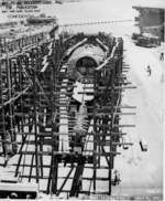 Submarine Trepang under construction at Mare Island Naval Shipyard, California, United States, 6 Jul 1943; note the hulls of LSD-1 Ashland and CVE-12 Copahee also present