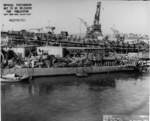 Aft plan view of DMS-12 Long upon completion of overhaul at Mare Island Naval Shipyard, California, United States, 30 Oct 1943; note submarine Trepang under construction in background