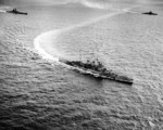 HMS Renown, HMS Valiant, and French BB Richelieu in the Indian Ocean, 12 May 1944; photographed from a USS Saratoga aircraft
