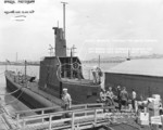 View of the conning tower of USS Wahoo, Mare Island Navy Yard, Vallejo, California, United States, 10 Aug 1942, photo 2 of 2