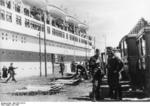 Ambulances lined up ready to take on wounded soldiers from hospital ship Wilhelm Gustloff, Jul 1940, photo 2 of 2