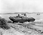 Fully loaded DUKW coming ashore in the Philippine Islands, circa 1944