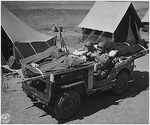 An improvised jeep ambulance at a training camp in Camp Carson, Colorado, United States, 24 Apr 1943
