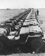 Jeeps lined up somewhere in Europe after the end of the war awaiting shipment to the Pacific Theater