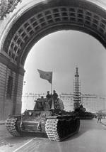 Soviet KV-1 tanks on parade at the Palace Square in Leningrad, Russia, 1 May 1942