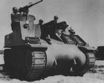 M7 self-propelled artillery vehicle being tested for desert warfare at Iron Mountains, California, United States, circa 1940, photo 1 of 2