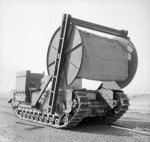 Churchill AVRE carpet layer vehicle with bobbin, of UK 79th (Experimental) Armored Division Royal Engineers, circa Mar-Apr 1944