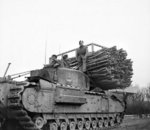 Churchill AVRE vehicle with fascine, of UK 79th (Experimental) Armored Division Royal Engineers, Italy, 19 Dec 1944