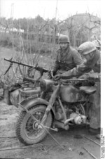 German paratroopers with R75 motorcycle, Italy, 1943-1944; note MG 34 machine gun mounted on the side car