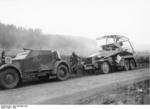 German SdKfz. 13 and SdKfz. 232 armored vehicles during military exercises, fall 1936; note German soldier wearing gas mask