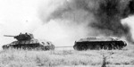T-34 armored recovery vehicle (ARV) towing a disabled tank at the Battle of Kursk, Russia, Jul 1943