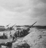 155mm Gun M1 of US 420th Field Artillery Group set up on Keise Shima near Okinawa, Japan, Apr 1945