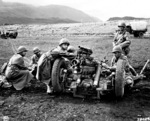 US Army gun crew preparing to fire a 37mm sub-caliber mounted on a 75mm field howitzer during range practice, Sanskeid Range, Iceland, 20 Jun 1943; note M8 carriage