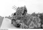 German Flakvierling 38 anti-aircraft gun mounted on the back of a halftrack vehicle, France, Jun 1944