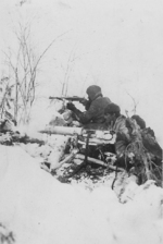 Finnish soldiers fighting in wintry terrain, 1940s