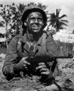 US Marine Gill A. Gideon, Jr. with M1 Carbine on Guam, Mariana Islands, 21 Jul 1944
