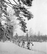 Soviet ski troops on patrol, Russia, 26 Dec 1941; note PPSh-41 submachine guns