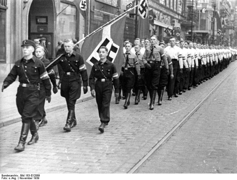 Hitler Youth members marching during the inauguration of Arthur Greiser and Wilhelm Frick, Posen, Germany, Oct 1939