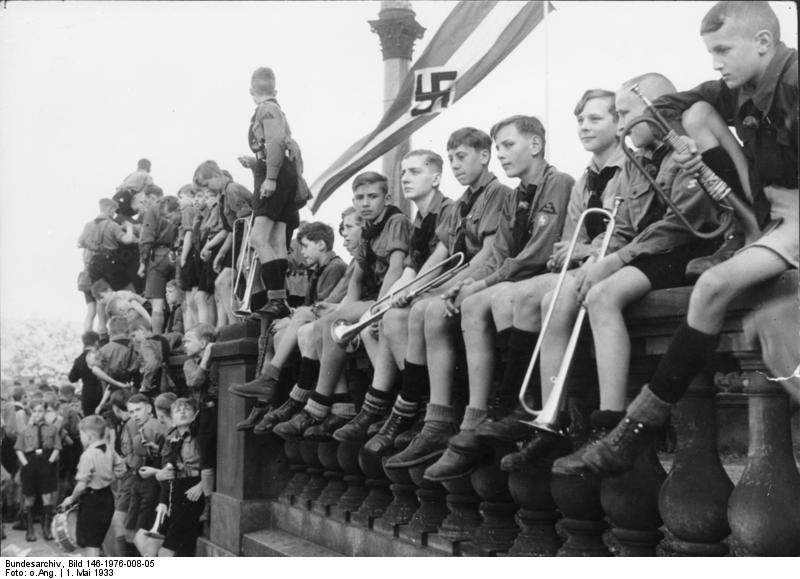A Hitler Youth marching band resting near Lustgarten, Berlin, 1 May 1933