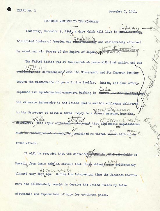 Draft number 1 of Roosevelt's 'Day of Infamy Speech', page 1 of 3