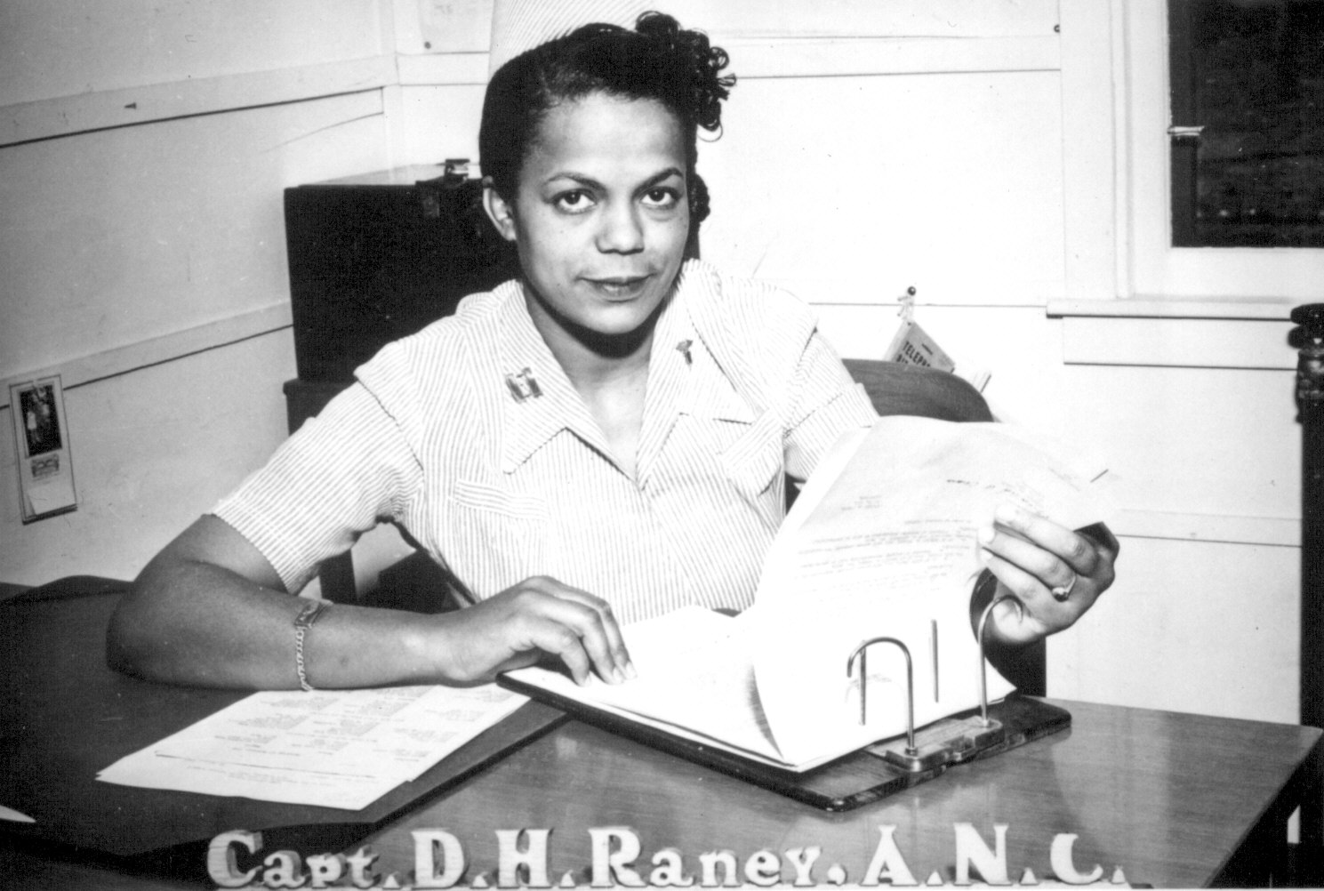 US Army Nurse Corps Captain Della H. Raney, the first African-American nurse of the US Army in WW2, Camp Beale, California, United States, 11 Apr 1945