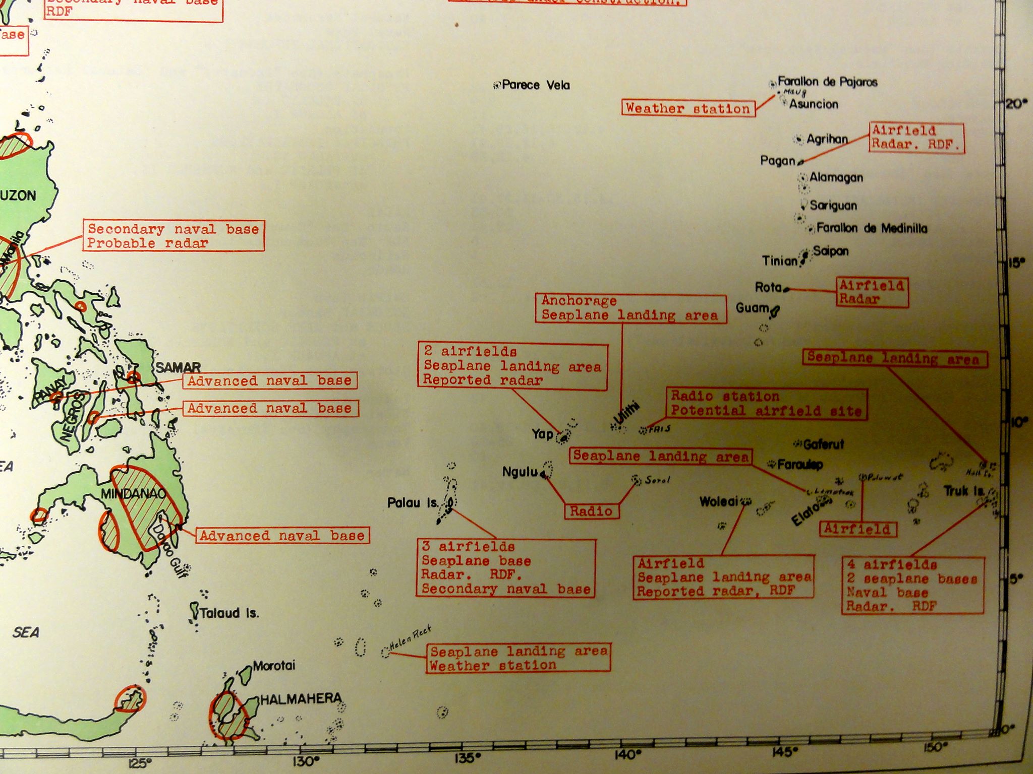 Map showing Japanese positions across the southern Pacific, published in US Pacific Fleet and Pacific Ocean Areas Information Bulletin No. 124-44 of 15 Aug 1944