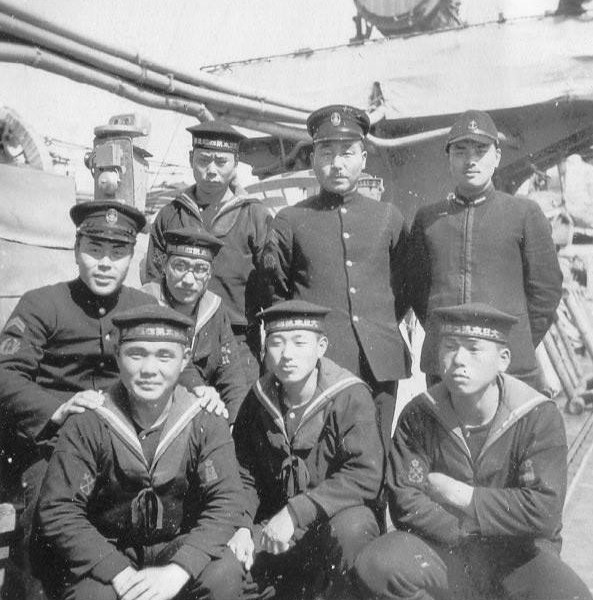 Japanese Navy officers and men aboard a ship, circa 1940s