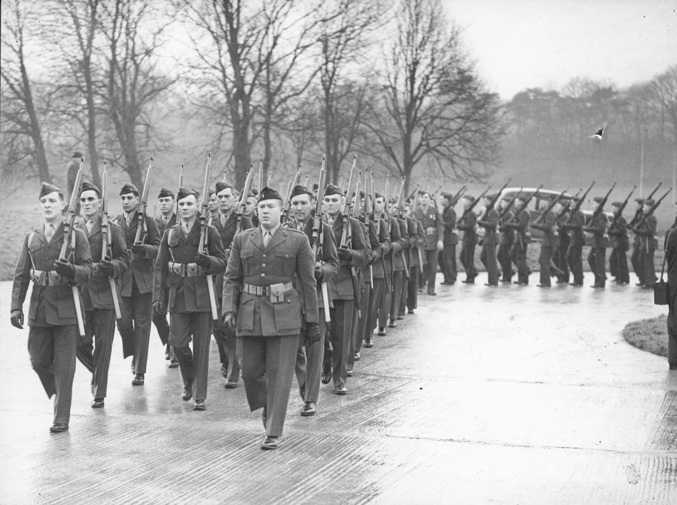 US Marines on parade for the occasion of the opening of the Allied Officers Club in Londonderry, Northern Ireland, United Kingdom, Jan 1943