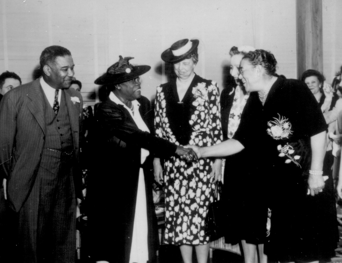 Mrs. Eleanor Roosevelt at the opening of Midway Hall, Washington, DC, United States, May 1943; the hall was built by Public Buildings Administration of FWA for African-American female gov't workers