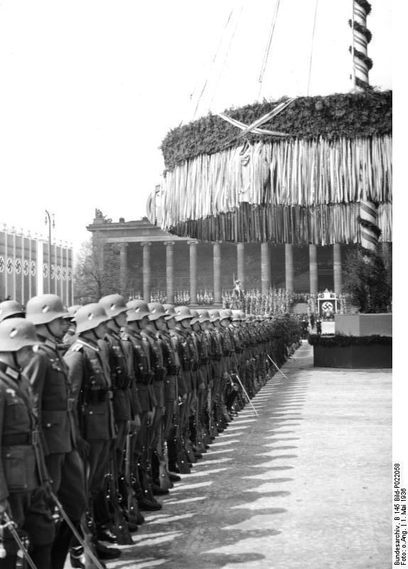 Nazi Party gathering outside the museum at Lustgarten, Berlin, Germany, 1 May 1936, photo 1 of 7