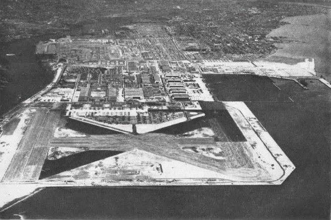 Aerial view of Naval Air Station Alameda, California, United States, as it appeared in the Feb 1947 edition of the 'US Navy Naval Aviation News'
