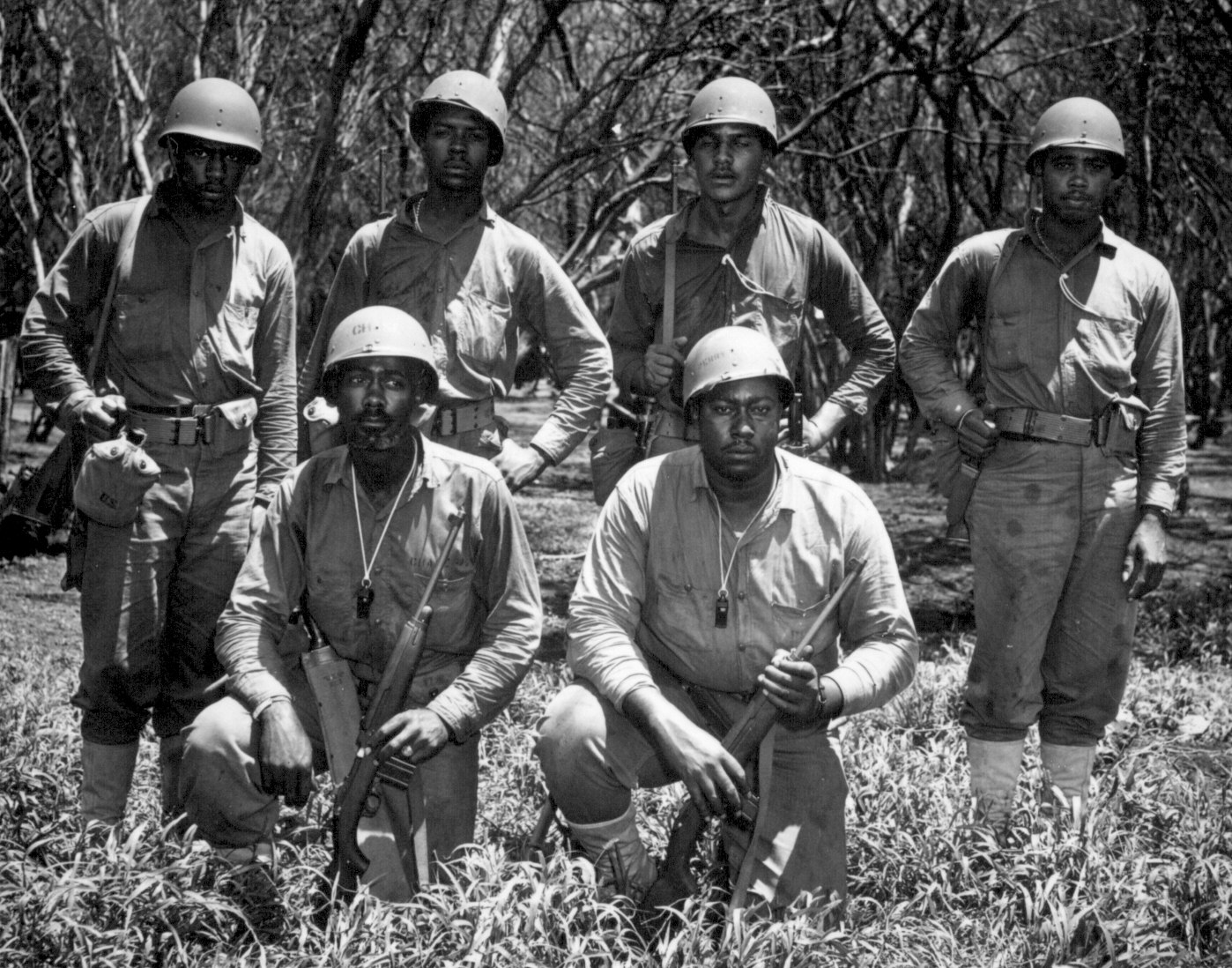 Leading petty officers of US Navy's new African-American logistics companies, Oahu, US Territory of Hawaii, 10 May 1945; front: Chase, Perry; rear: Vaultz, Williams, Beech, Cook