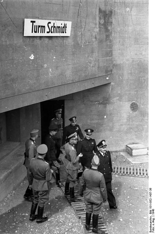 German Colonel General Friedrich Dollmann leading an Italian delegation on a tour of the West Wall defenses, Lorraine, France, 1940